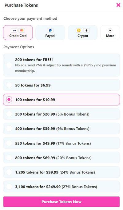 CamSoda offers a variety of payment methods and token bundles